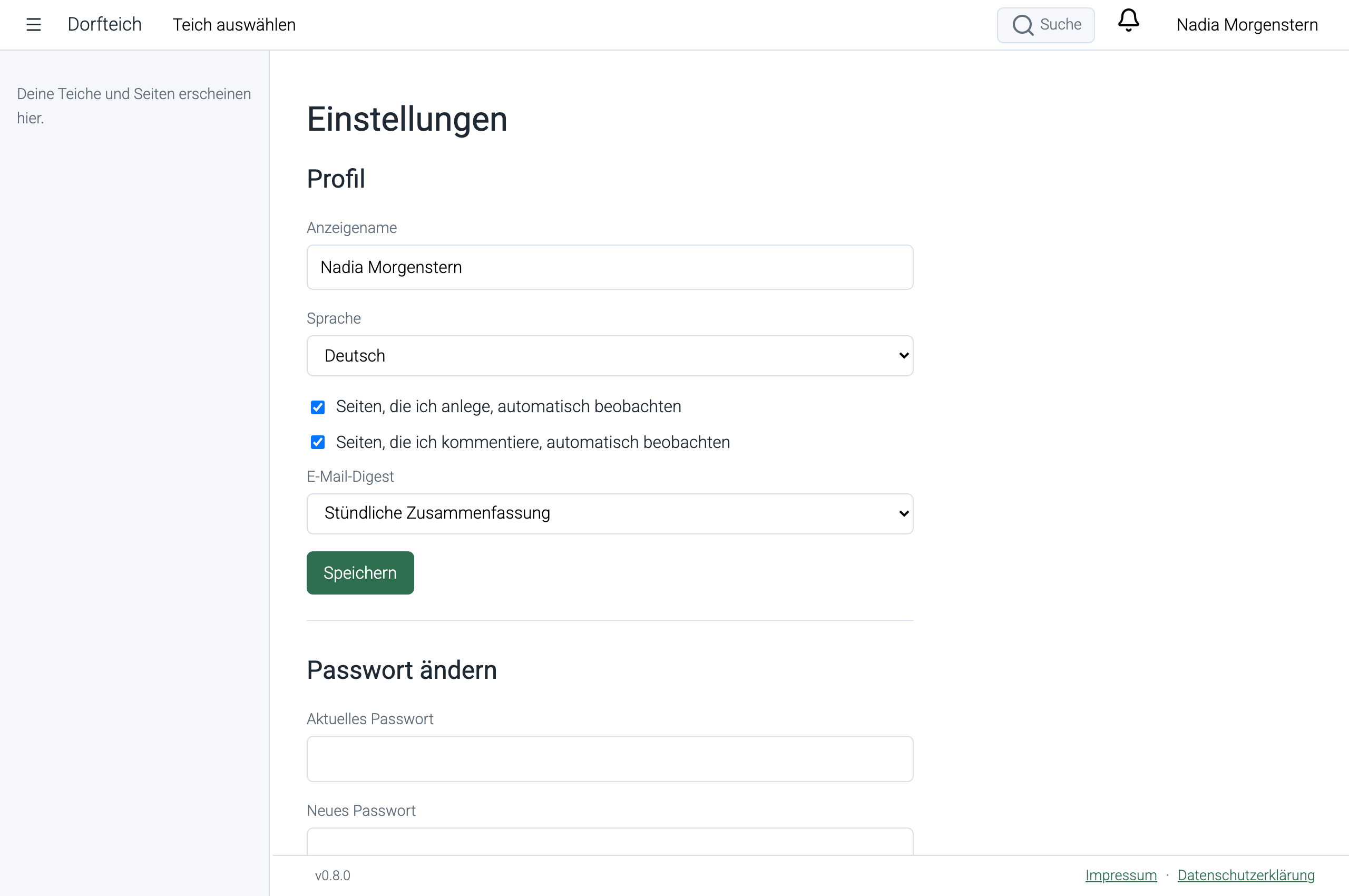 Die Einstellungen mit Profil und aktiven Sitzungen