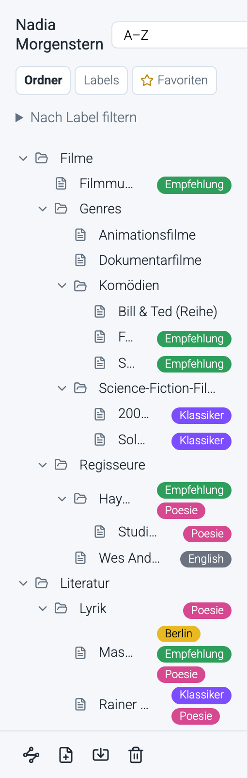 Nadias aufgeklappter Seitenbaum in der Seitenleiste