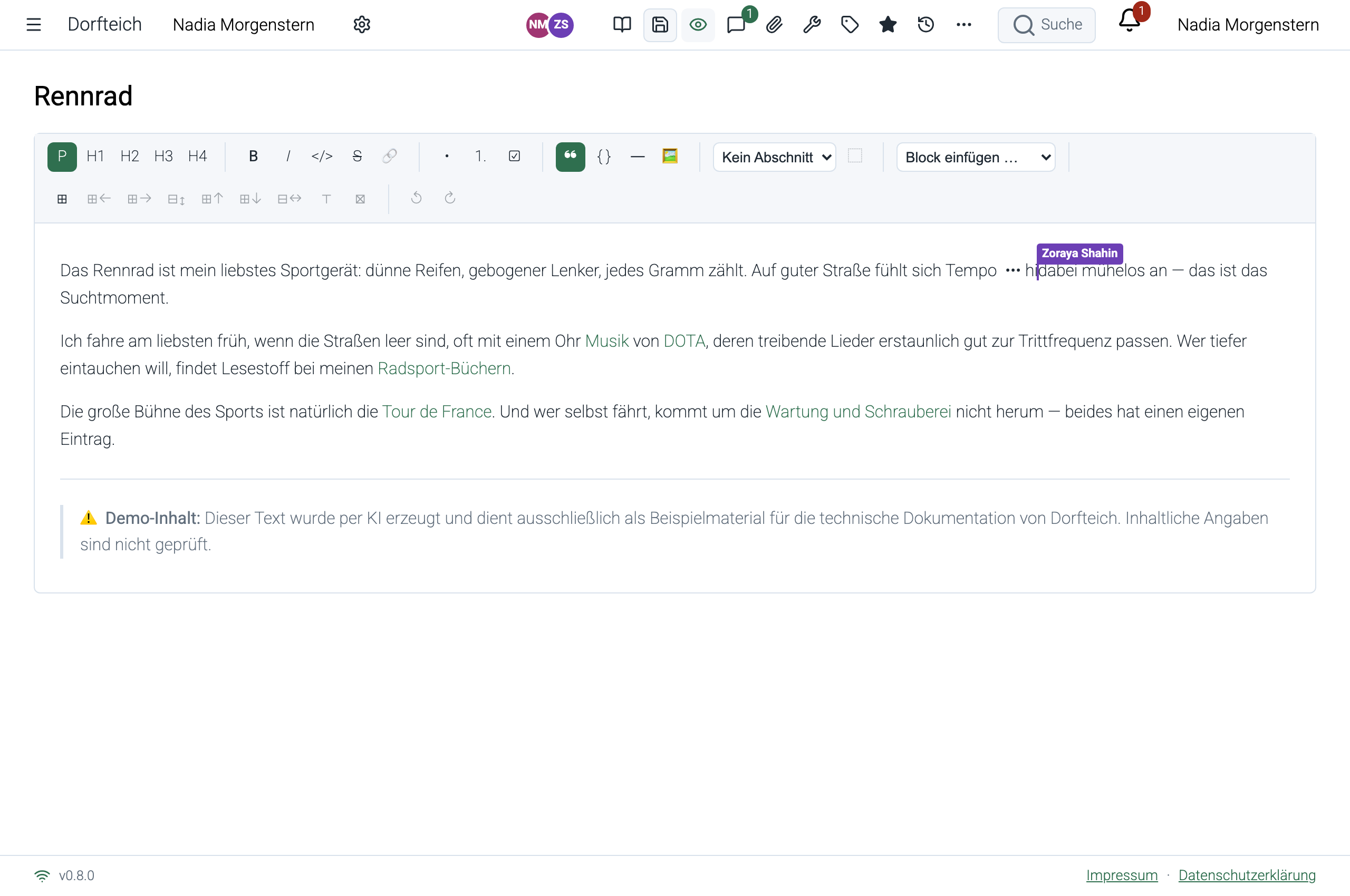 Nadias Editor zeigt oben beide Anwesenden und im Text den benannten Cursor von Zoraya Shahin
