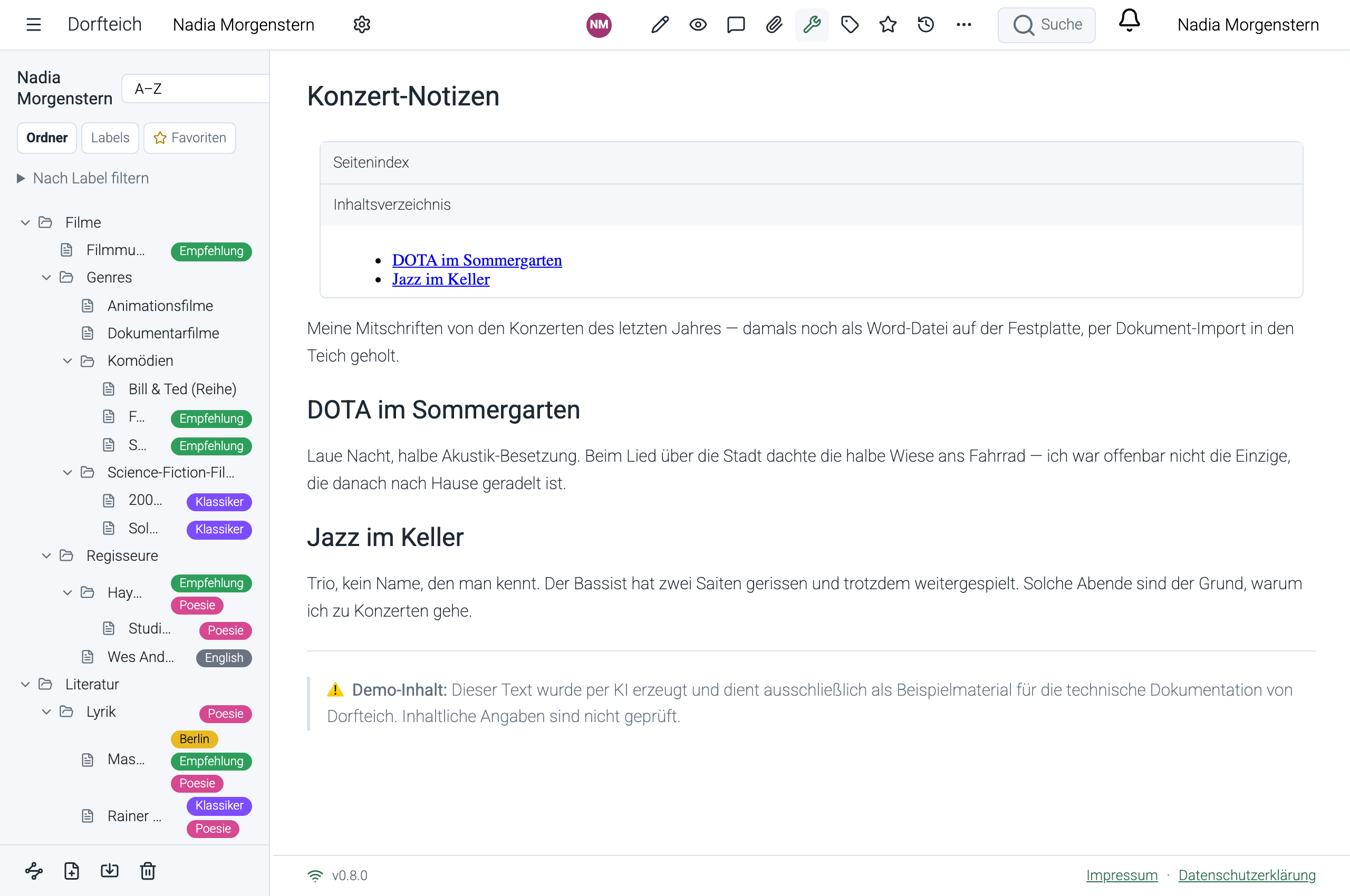 Das Inhaltsverzeichnis als Seiten-Werkzeug auf den Konzert-Notizen